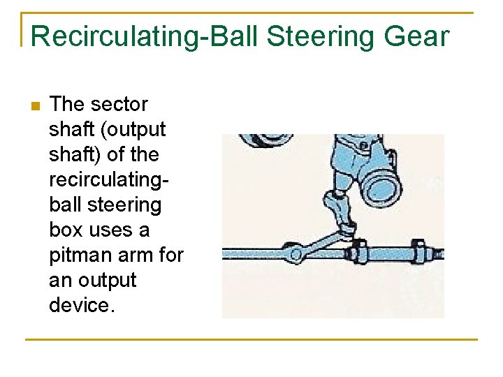 Recirculating-Ball Steering Gear n The sector shaft (output shaft) of the recirculatingball steering box