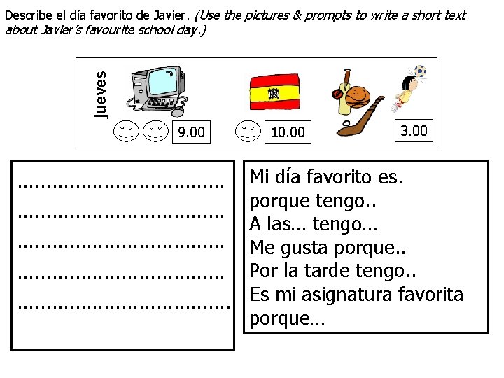 Describe el día favorito de Javier. (Use the pictures & prompts to write a