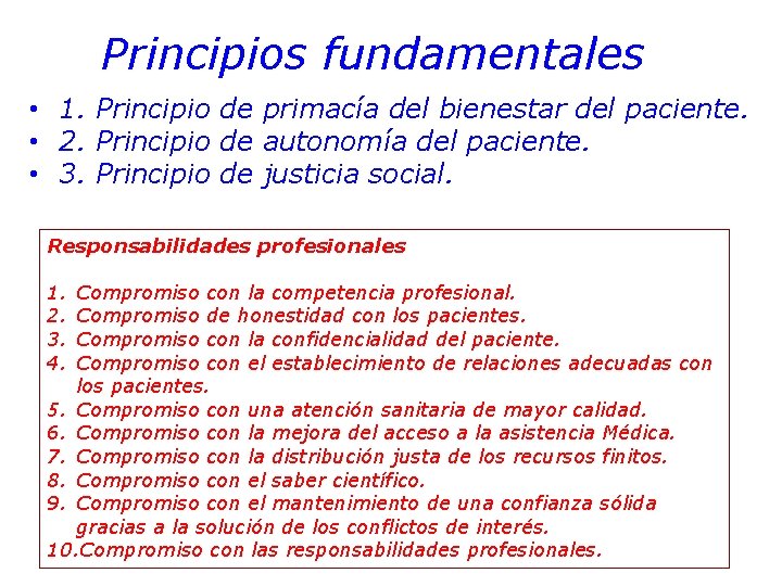 Principios fundamentales • 1. Principio de primacía del bienestar del paciente. • 2. Principio