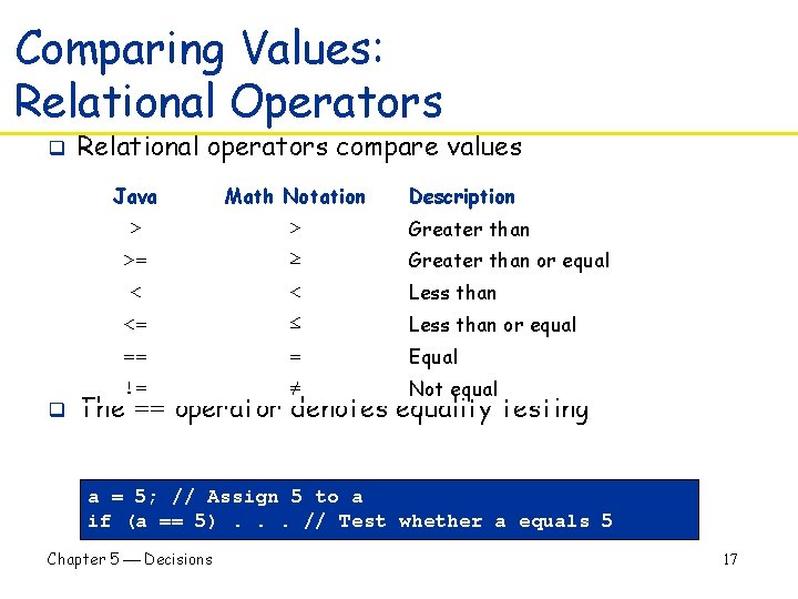 Comparing Values: Relational Operators q q Relational operators compare values Java Math Notation Description