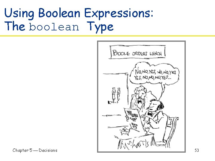 Using Boolean Expressions: The boolean Type Chapter 5 Decisions 53 