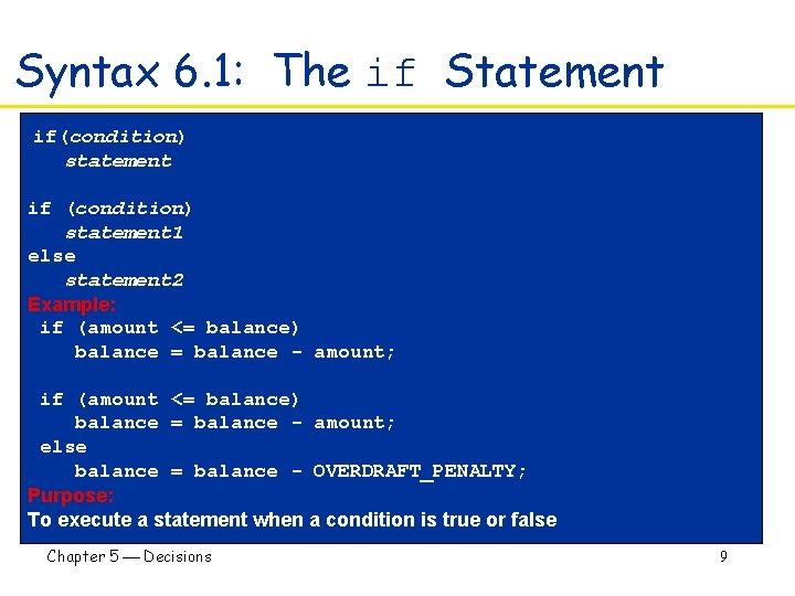Syntax 6. 1: The if Statement if(condition) statement if (condition) statement 1 else statement