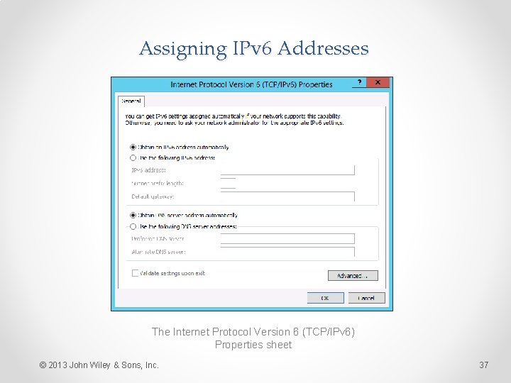Assigning IPv 6 Addresses The Internet Protocol Version 6 (TCP/IPv 6) Properties sheet ©