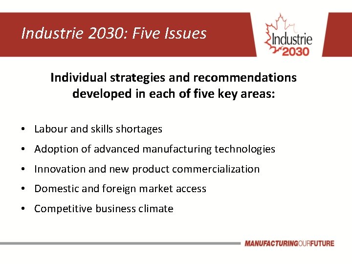 Industrie 2030: Five Issues Individual strategies and recommendations developed in each of five key