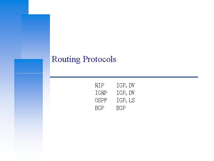 Routing Protocols RIP IGRP OSPF BGP IGP, DV IGP, LS EGP 