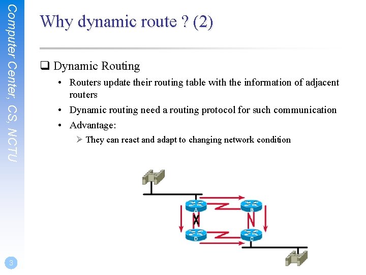 Computer Center, CS, NCTU 3 Why dynamic route ? (2) q Dynamic Routing •