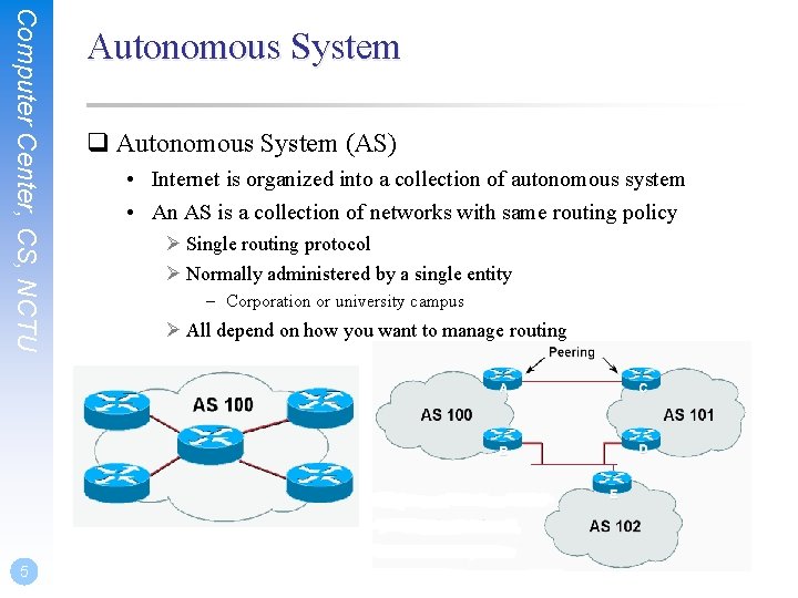 Computer Center, CS, NCTU 5 Autonomous System q Autonomous System (AS) • Internet is