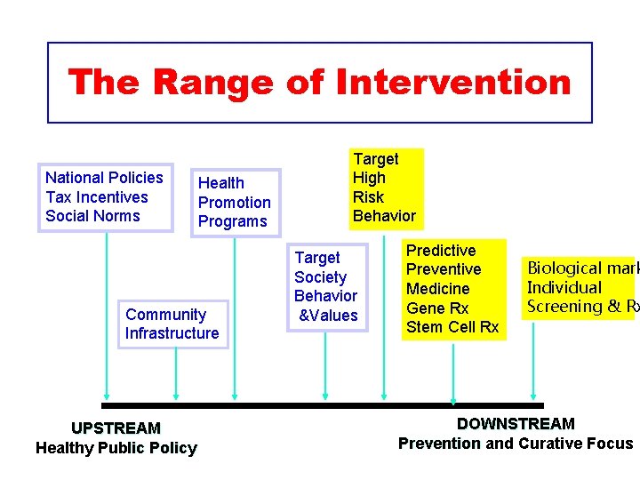 The Range of Intervention National Policies Tax Incentives Social Norms Health Promotion Programs Community