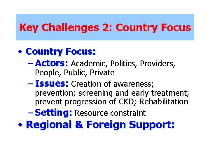 Key Challenges 2: Country Focus • Country Focus: – Actors: Academic, Politics, Providers, People,