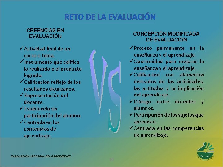 RETO DE LA EVALUACIÓN CREENCIAS EN EVALUACIÓN CONCEPCIÓN MODIFICADA DE EVALUACIÓN üProceso permanente en