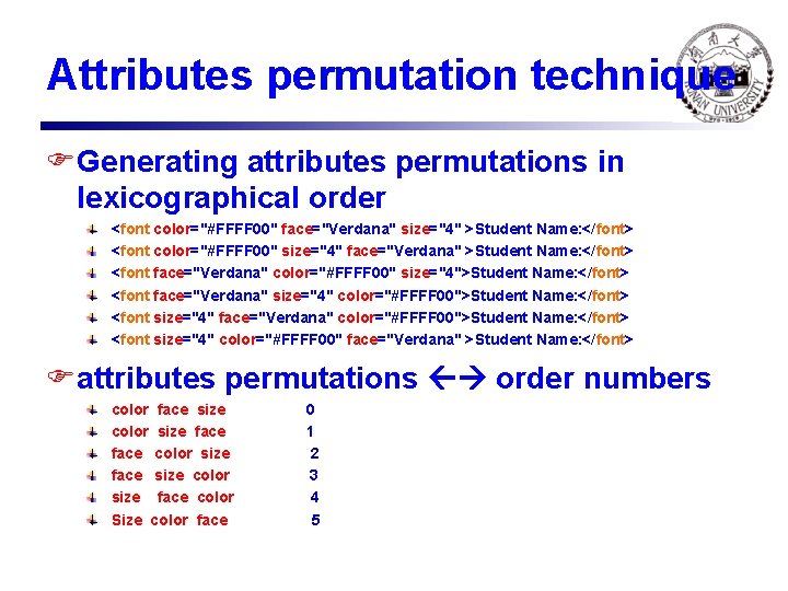 Attributes permutation technique FGenerating attributes permutations in lexicographical order <font color="#FFFF 00" face="Verdana" size="4"