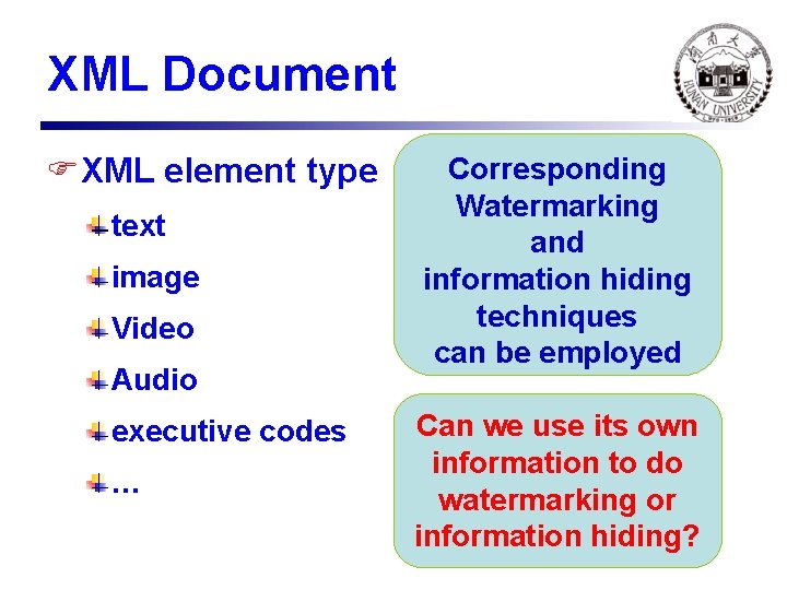 XML Document FXML element type text image Video Audio executive codes … Corresponding Watermarking