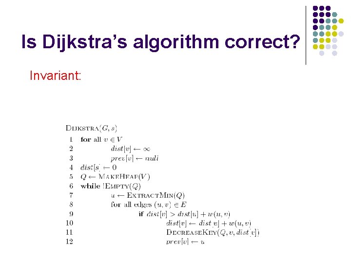 Is Dijkstra’s algorithm correct? Invariant: 