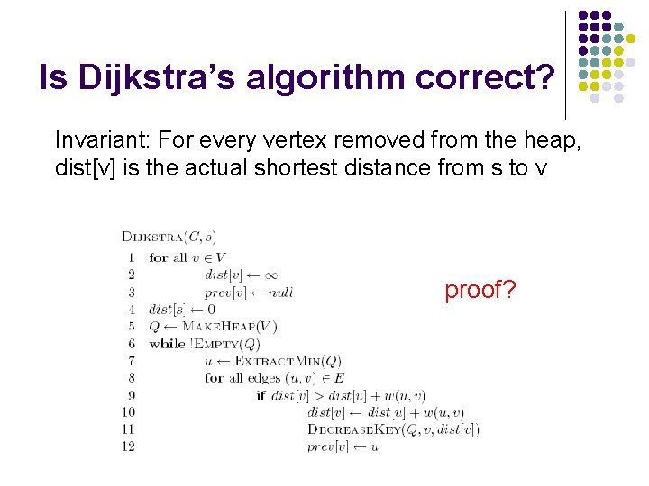 Is Dijkstra’s algorithm correct? Invariant: For every vertex removed from the heap, dist[v] is