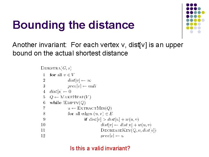 Bounding the distance Another invariant: For each vertex v, dist[v] is an upper bound