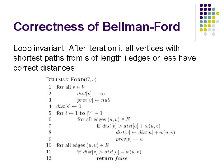 Correctness of Bellman-Ford Loop invariant: After iteration i, all vertices with shortest paths from