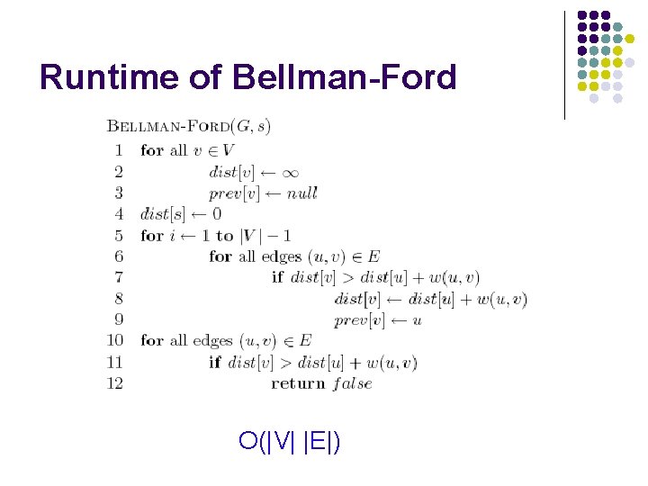 Runtime of Bellman-Ford O(|V| |E|) 