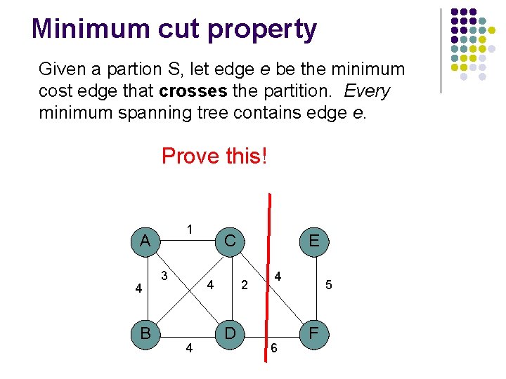 Minimum cut property Given a partion S, let edge e be the minimum cost