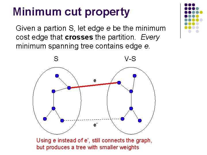 Minimum cut property Given a partion S, let edge e be the minimum cost