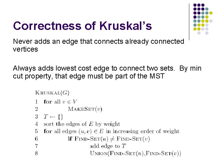 Correctness of Kruskal’s Never adds an edge that connects already connected vertices Always adds
