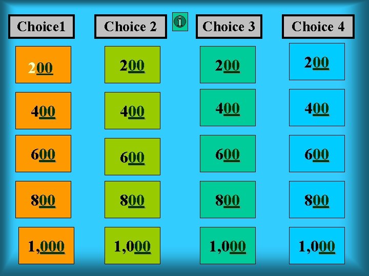 Choice 1 Choice 2 Choice 3 Choice 4 200 200 400 400 600 600