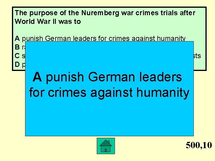 The purpose of the Nuremberg war crimes trials after World War II was to