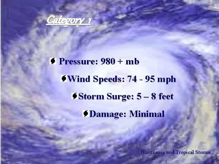 Category 1 Pressure: 980 + mb Wind Speeds: 74 - 95 mph Storm Surge: