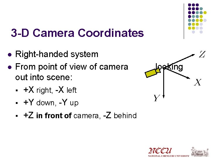 3 -D Camera Coordinates l l Right-handed system From point of view of camera