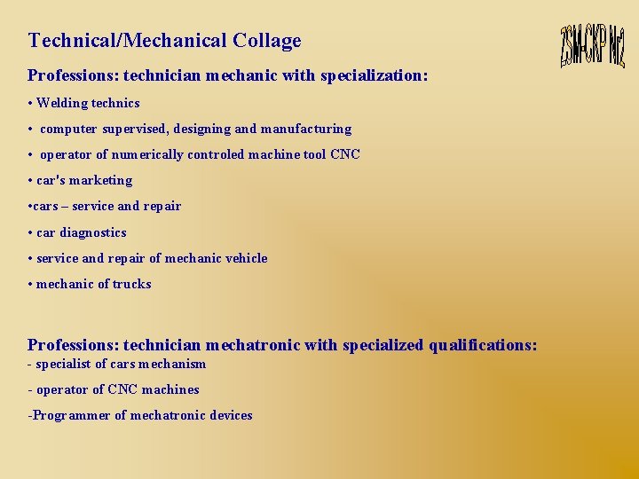 Technical/Mechanical Collage Professions: technician mechanic with specialization: • Welding technics • computer supervised, designing