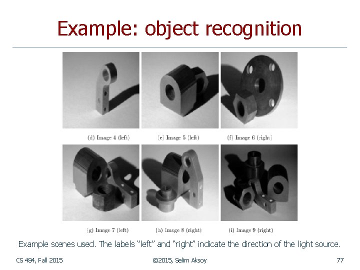 Example: object recognition Example scenes used. The labels “left” and “right” indicate the direction