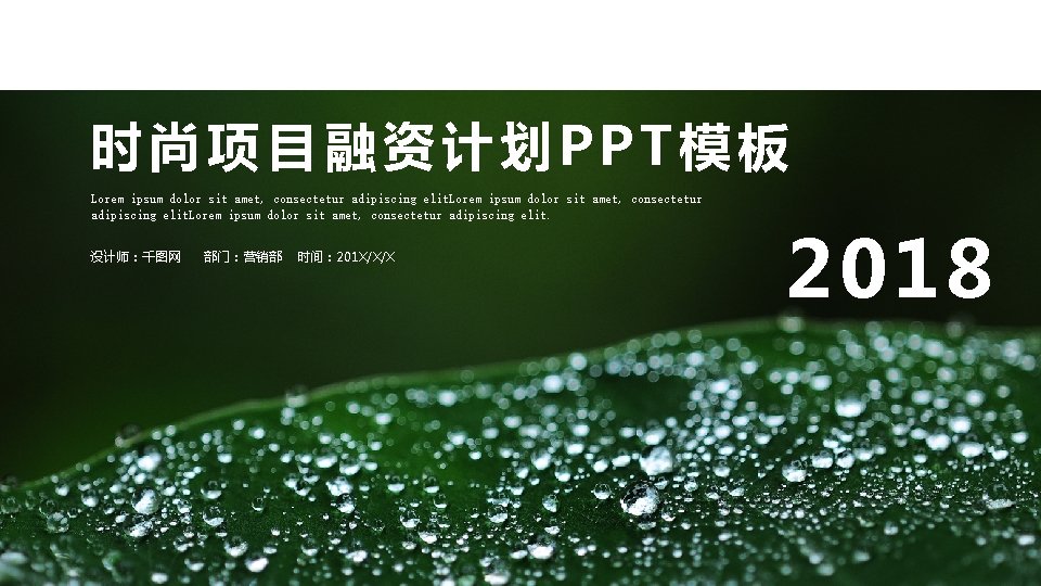 时尚项目融资计划PPT模板 Lorem ipsum dolor sit amet, consectetur adipiscing elit. 设计师：千图网 部门：营销部 时间： 201 X/X/X