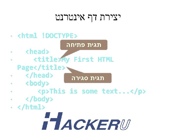  יצירת דף אינטרנט • <html !DOCTYPE> תגית פתיחה • • <head> <title>My First