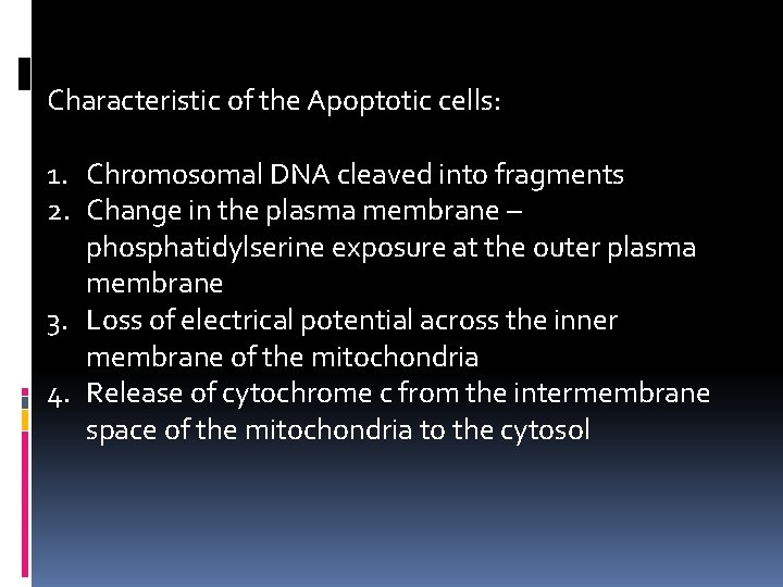 Characteristic of the Apoptotic cells: 1. Chromosomal DNA cleaved into fragments 2. Change in