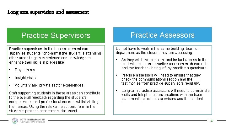 Long-arm supervision and assessment Practice Assessors Practice Supervisors Practice supervisors in the base placement