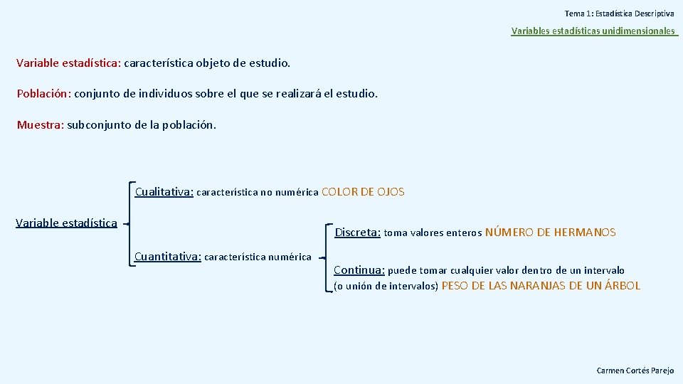 Tema 1: Estadística Descriptiva Variables estadísticas unidimensionales Variable estadística: característica objeto de estudio. Población: