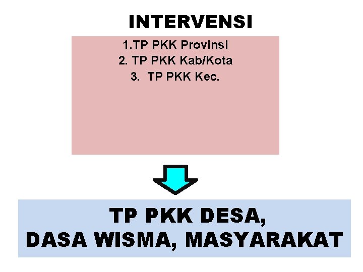 INTERVENSI 1. TP PKK Provinsi 2. TP PKK Kab/Kota 3. TP PKK Kec. TP