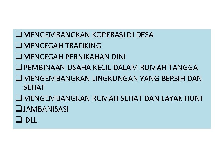 q MENGEMBANGKAN KOPERASI DI DESA q MENCEGAH TRAFIKING q MENCEGAH PERNIKAHAN DINI q PEMBINAAN