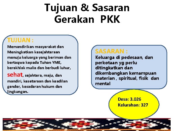 Tujuan & Sasaran Gerakan PKK TUJUAN : Memandirikan masyarakat dan Meningkatkan kesejahteraan menuju keluarga