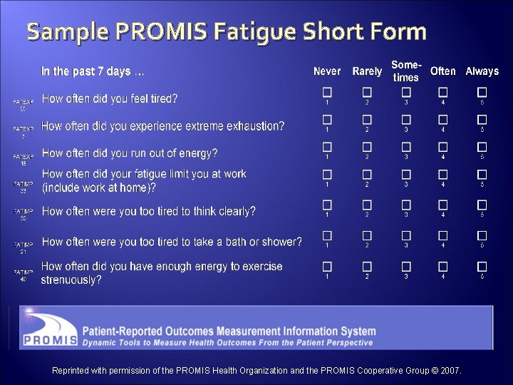 Sample PROMIS Fatigue Short Form Reprinted with permission of the PROMIS Health Organization and