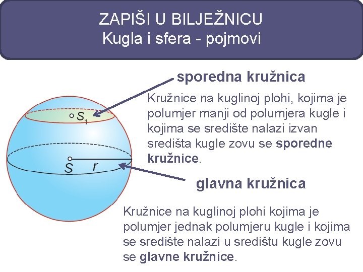 ZAPIŠI U BILJEŽNICU Kugla i sfera - pojmovi sporedna kružnica Kružnice na kuglinoj plohi,