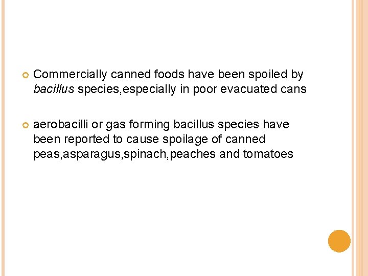  Commercially canned foods have been spoiled by bacillus species, especially in poor evacuated