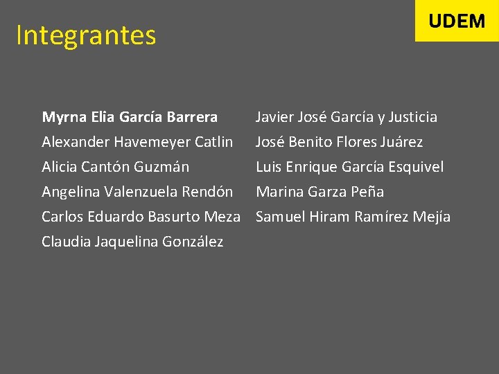 Integrantes Myrna Elia García Barrera Alexander Havemeyer Catlin Alicia Cantón Guzmán Angelina Valenzuela Rendón