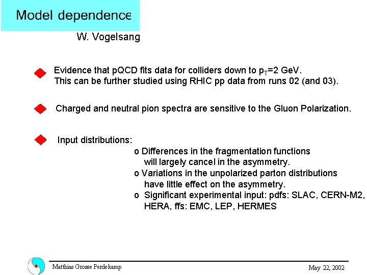 W. Vogelsang Evidence that p. QCD fits data for colliders down to p. T=2