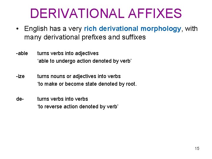 DERIVATIONAL AFFIXES • English has a very rich derivational morphology, with many derivational prefixes