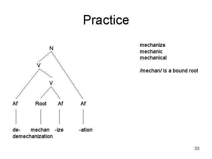 Practice mechanize mechanical N V /mechan/ is a bound root V Af Root Af