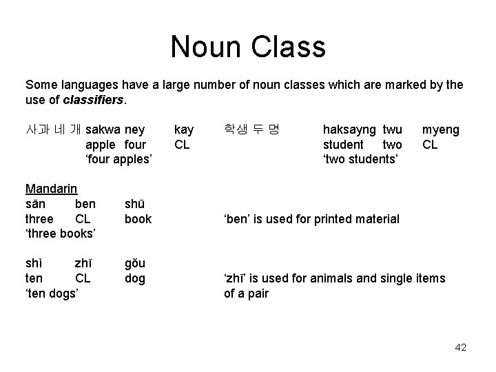 Noun Class Some languages have a large number of noun classes which are marked