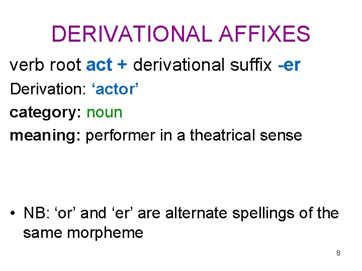 DERIVATIONAL AFFIXES verb root act + derivational suffix -er Derivation: ‘actor’ category: noun meaning: