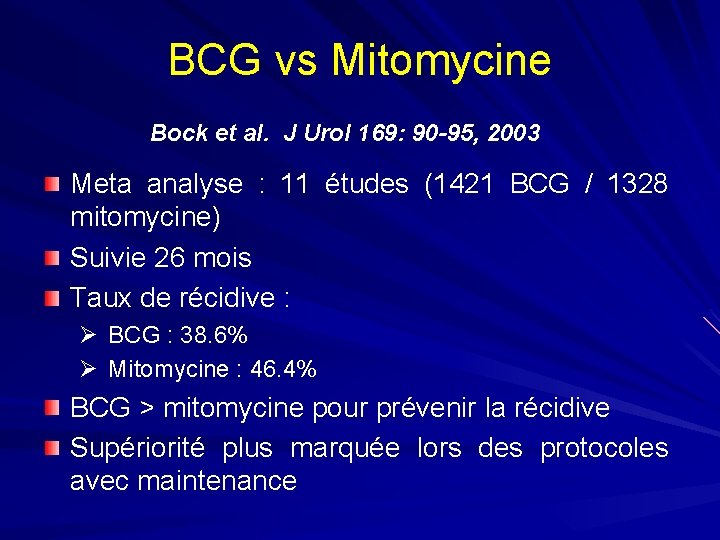 BCG vs Mitomycine Bock et al. J Urol 169: 90 -95, 2003 Meta analyse