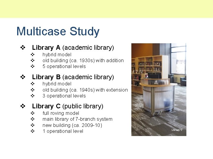 Multicase Study v Library A (academic library) v v v hybrid model old building