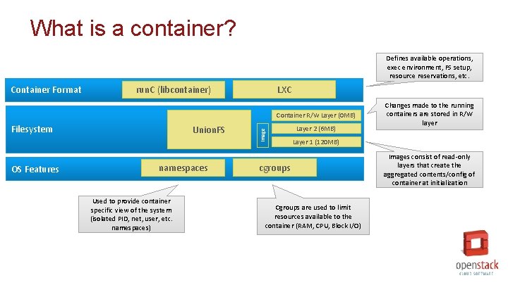 What is a container? Defines available operations, exec environment, FS setup, resource reservations, etc.